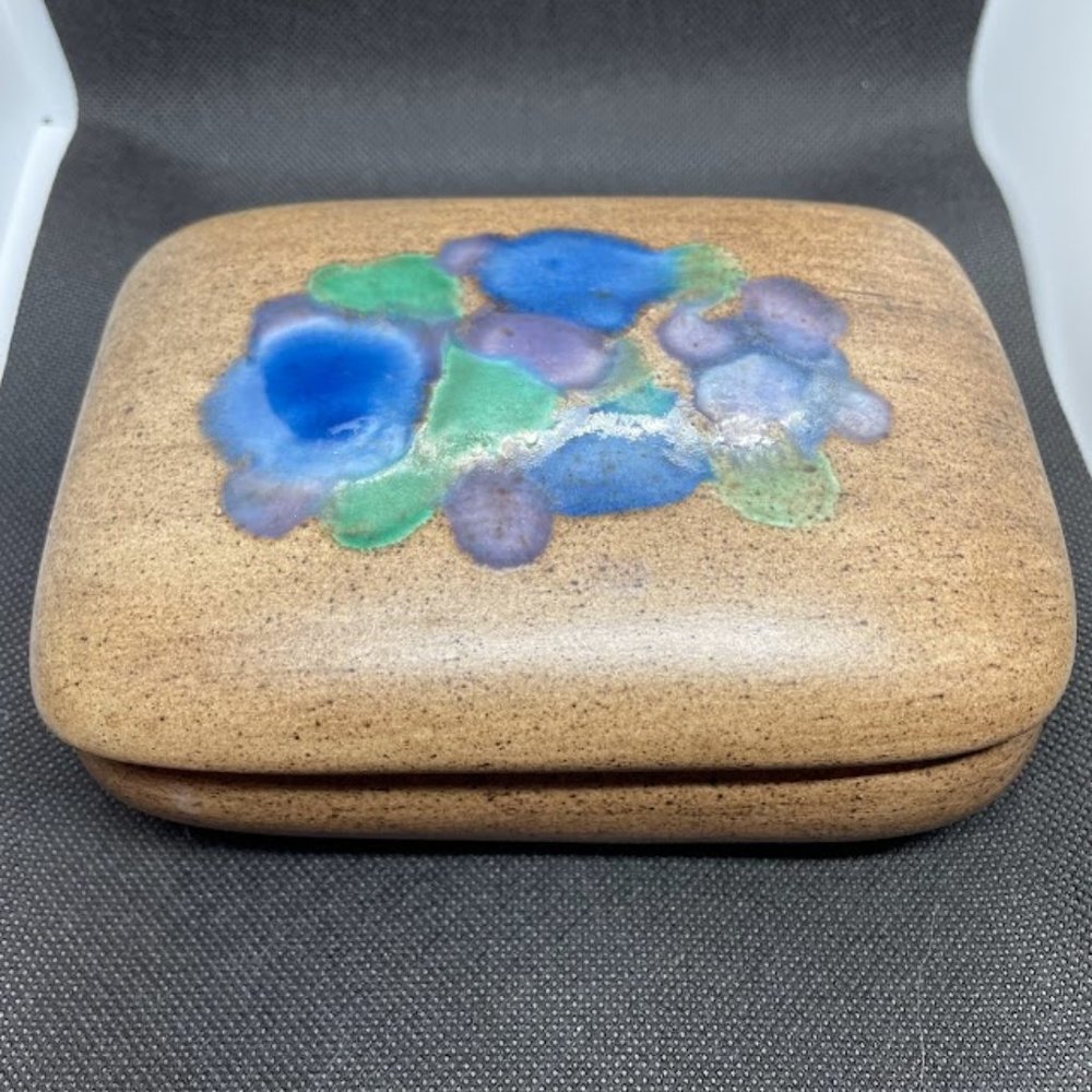 Madeline Originals California Pottery Blue & Purple Flower Trinket Box MCM